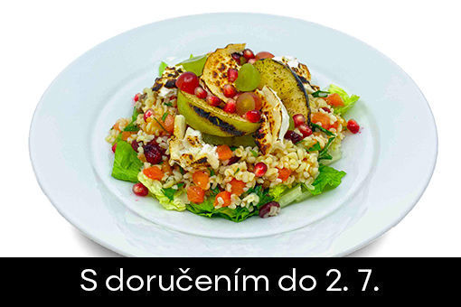 Obrázek BOWL - kozí sýr, bulgur, sušené ovoce, rajče, římský salát, grilované jablko Granny Smith, hroznové víno a granátové jablko